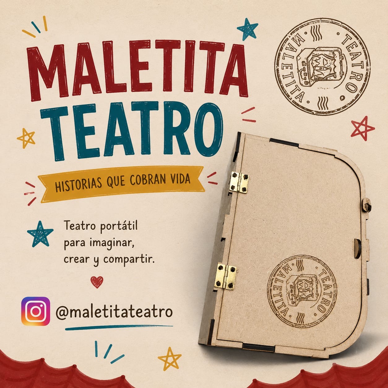 Maletita Teatro cerrada, con bisagras doradas y sello grabado